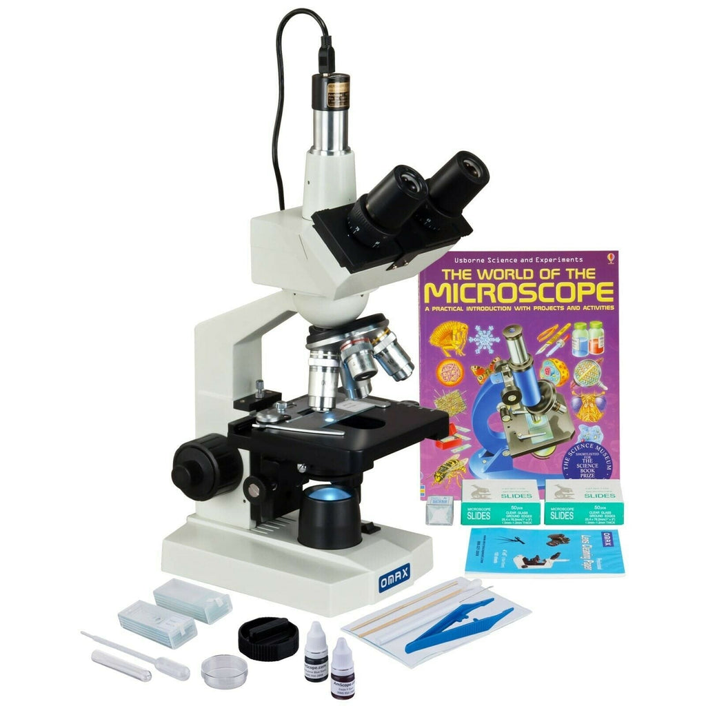 OMAX 40X-2500X Trinocular Compound LED Microscope + USB Camera + Slide Kit  +Book