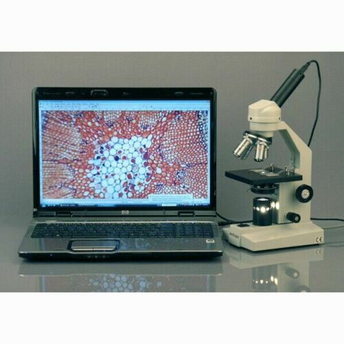 AmScope M500 Series Biological Student Cordless Monocular Compound Microscope 40X-2500X Magnification with LED, Mechanical Stage and USB Digital Eyepiece Camera