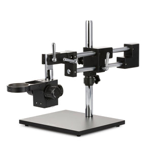 Double Arm Boom Stand for Stereo Microscopes - Steel Arms, Tube Mount, 76mm Focus Block