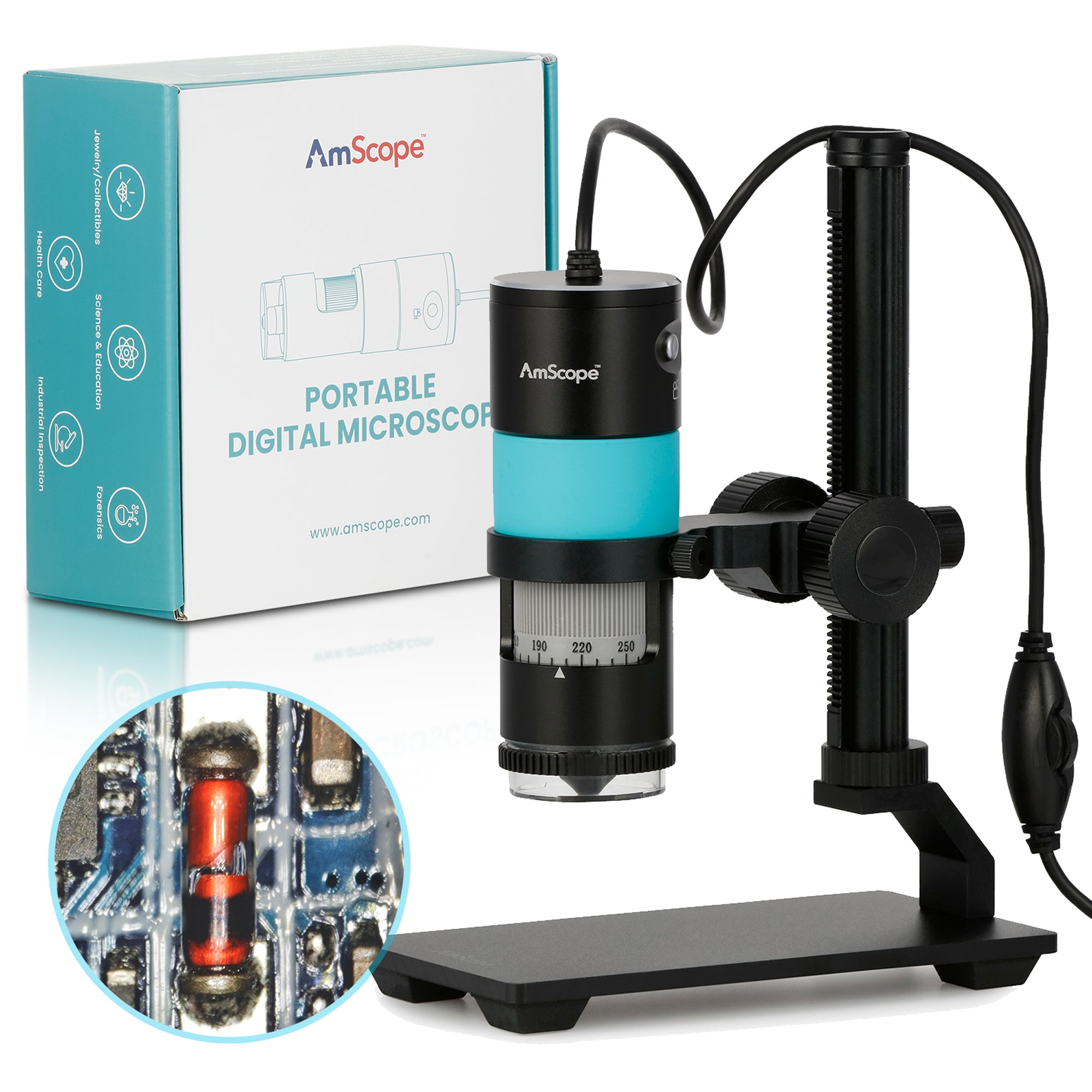 AmScope HHD Series 8.3 MP Professional Polarizing Handheld Digital USB Microscopes with 10X-280X Magnification, LED Ring Illuminator, and Table Stand