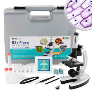AmScope 120X-1200X 52-pcs Kids Beginner Microscope STEM Kit with Metal Body Microscope, Plastic Slides, LED Light and Carrying Box