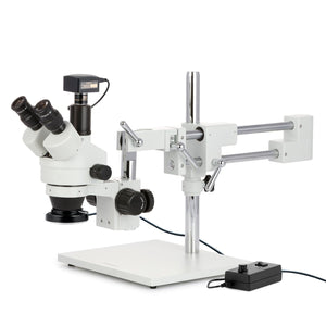3.5X-45X Simul-Focal Stereo Zoom Microscope on Dual Arm Boom Stand with 144-LED Ring Light and 18MP USB3 Camera