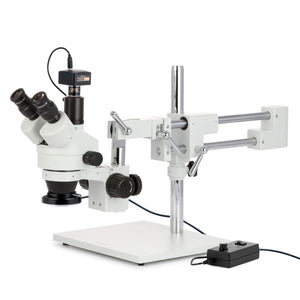 3.5X-45X Simul-Focal Stereo Zoom Microscope on Dual Arm Boom Stand with 144-LED Ring Light and 1.3MP Camera