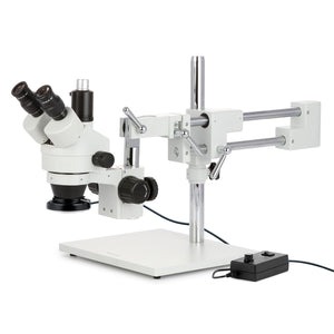 3.5X-45X Simul-Focal Stereo Zoom Microscope on Dual Arm Boom Stand with 144-LED Ring Light