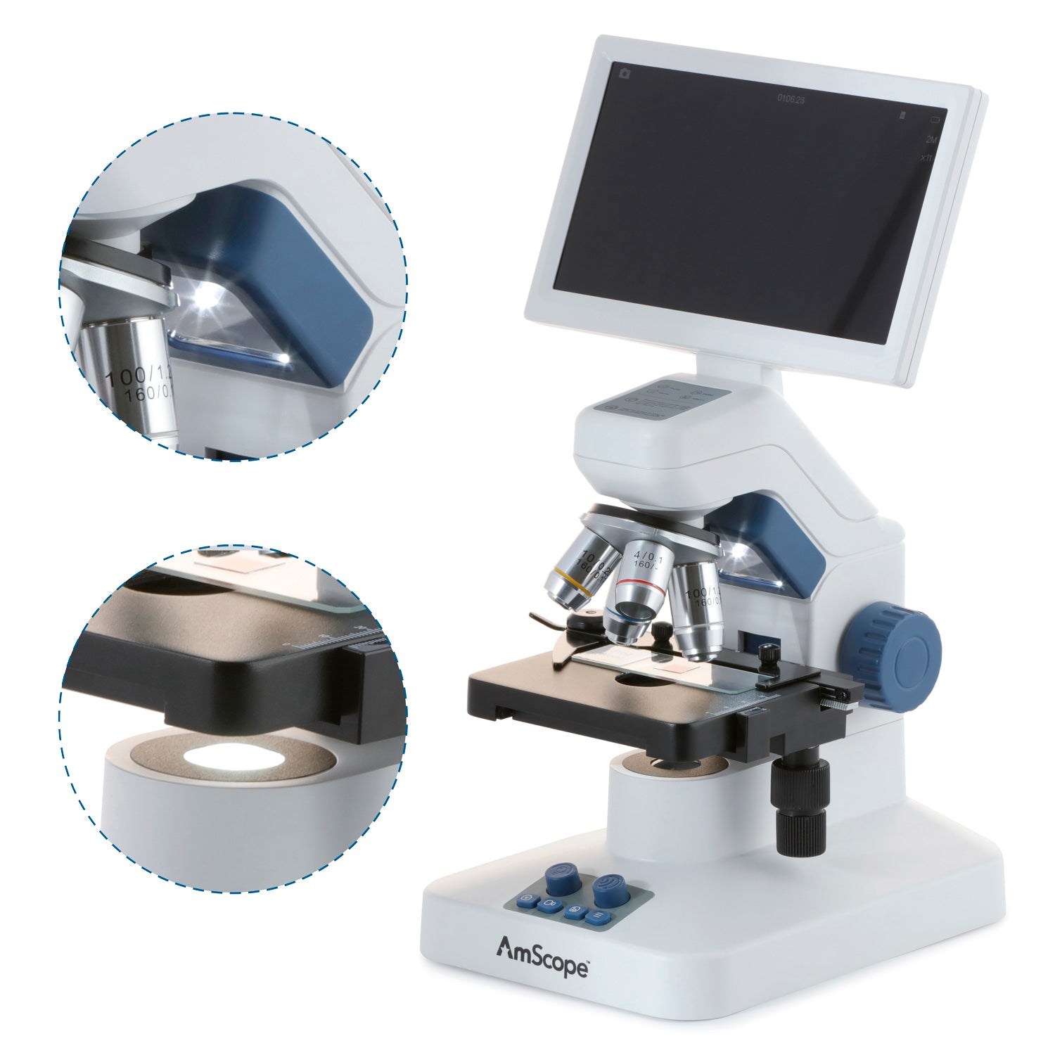 AmScope Full HD 7" Digital Compound Microscope w/ Mechanical Stage, 4 Objectives, and 32GB MicroSD Card