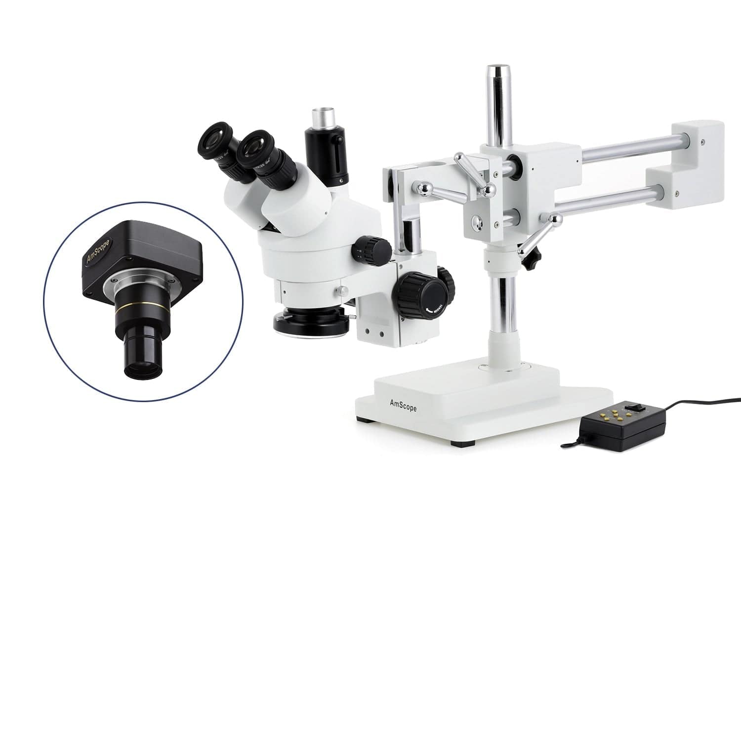 AmScope SM-4 Series Zoom Trinocular Stereo Microscope 3.5X-90X Magnification with Multi-Zone 144 LED and 5MP USB 2.0 C-mount Camera on Double Arm Boom Stand