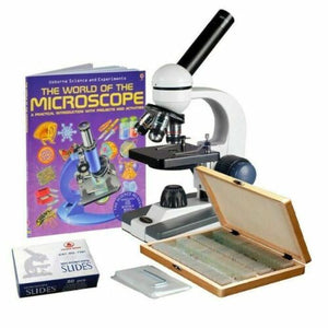 40X-1000X Portable LED Monocular Student Microscope + 100 Prepared Slides + 50 Blank Slides + Microscope Book