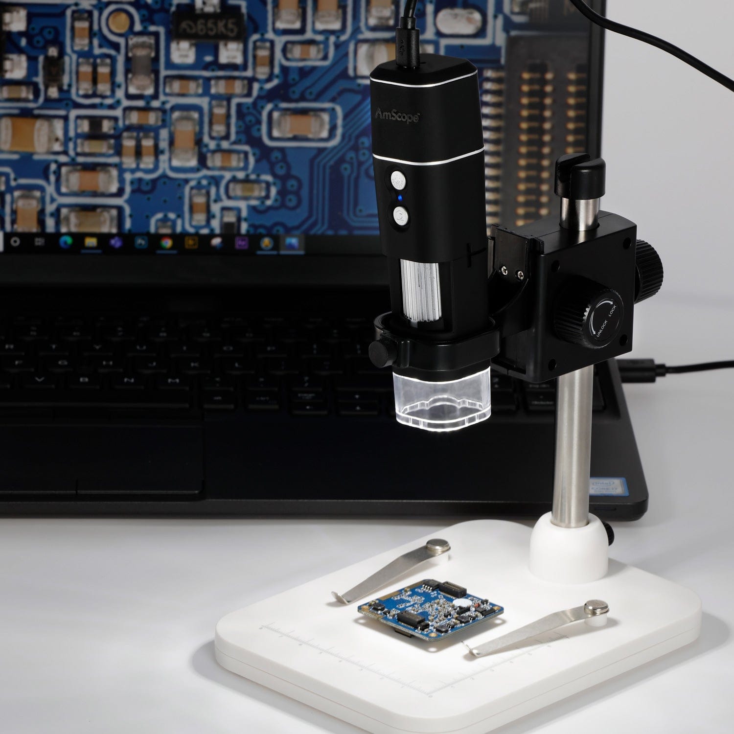AmScope HHD Series Wi-Fi & USB Handheld Microscope on Table Stand with LED Illumination