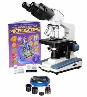 40X-2500X Binocular LED Compound Microscope w/ Siedentopf Head + 50 Blank Slides + Book + 0.3MP Digital Camera