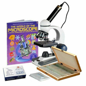40X-1000X Portable LED Monocular Student Microscope + 0.3MP USB Eyepiece Camera + 100 Prepared Slides + 50 Blank Slides + Microscope Book