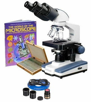 40X-2500X Binocular LED Compound Microscope w/ Siedentopf Head + 100 Prepared Slides + Book + 5MP Digital Camera