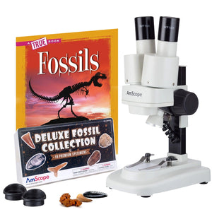 Holiday Savings! IQCrew By AmScope SE100 Series Kid's Portable Battery-Powered Binocular Stereo Microscope 20X-40X Magnification on Track Stand with LED Light + BONUS Fossil Kit and Book