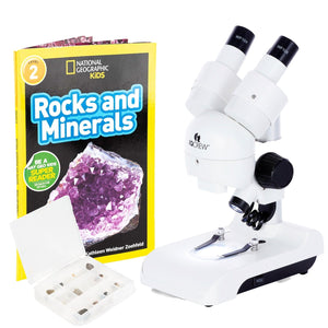 Holiday Savings! IQCREW By AmScope SE122 Series Deluxe All-In-One Portable Stereo Microscope 30X Magnification with LED Dual-Illumination and Accessory Kit + BONUS Rock Kit and Book