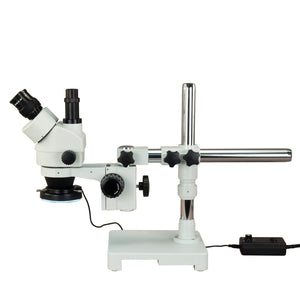 OMAX 7X-45X Zoom Stereo Microscope on Single Bar Boom Stand+144-LED Ring Light