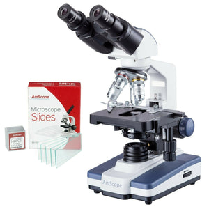 Amscope 40X-2500X Binocular LED Compound Microscope + 72 Slides + 100 Covers