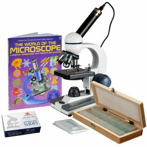 40X-1000X Portable LED Monocular Student Microscope + 0.3MP USB Eyepiece Camera + 50 Prepared Slides + 50 Blank Slides + Microscope Book