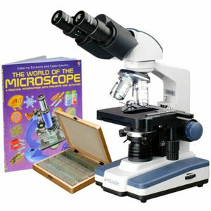 2500X LED Binocular Compound Microscope w/ 3D Stage, Book & 100 Prepared Slides