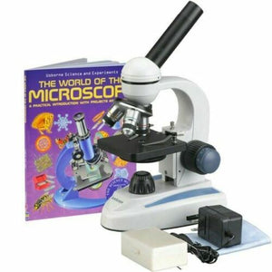 40X-1000X Cordless LED Student Microscope with Metal Frame, Glass Lenses and Coarse & Fine Focus + 25 Prepared Slides & Book