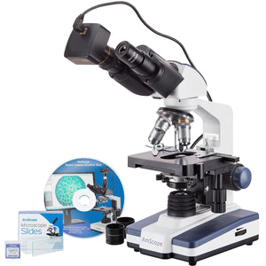 40X-2500X LED Binocular Compound Microscope w/ 50pc Blank Slides and 14MP Digital Camera