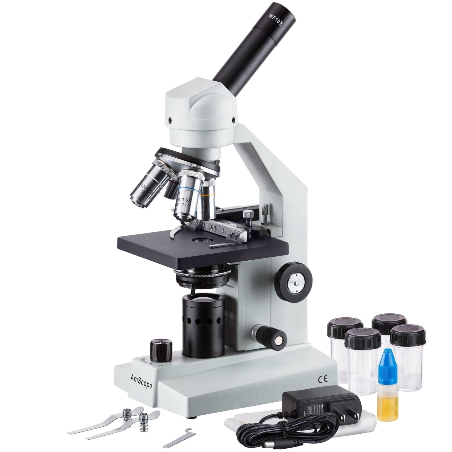 AmScope M500 Series LED Student Monocular Compound Microscope 40X-2500X Magnification with Mechanical Caliper