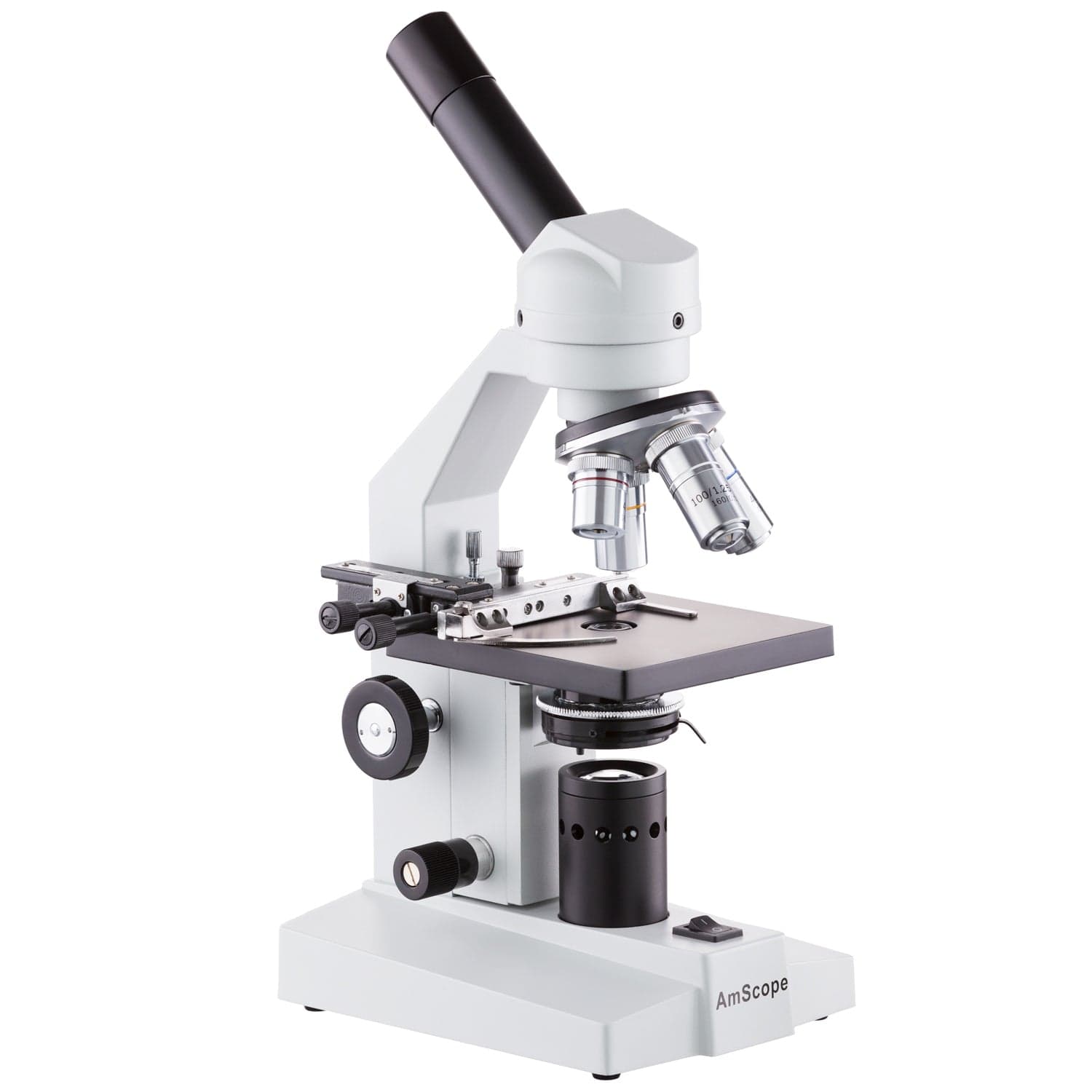 AmScope M500 Series Biological Student Cordless Monocular Compound Microscope 40X-2500X Magnification with LED, Mechanical Stage and USB Digital Eyepiece Camera
