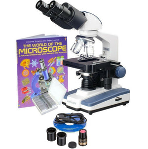 40X-2500X Binocular LED Compound Microscope w/ Siedentopf Head + 25 Prepared Slides + Book + 3MP Digital Camera