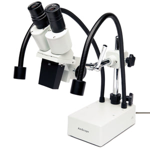 20X Compact Fixed-Lens Stereo Boom-Arm Microscope with Dual Gooseneck LED Lights New Low Price