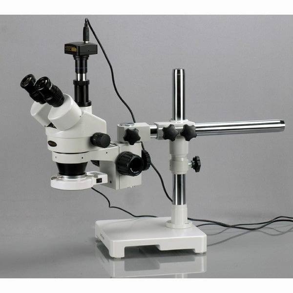 AmScope SM-3 Series Zoom Trinocular Stereo Microscope 3.5X-180X Magnification on Single Arm Boom Stand with 10MP Camera