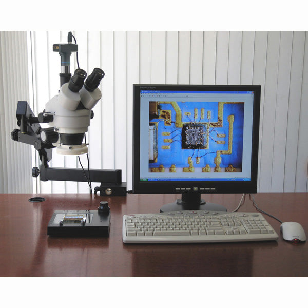 AmScope SM-6 Series Zoom Trinocular Stereo Microscope 7X-90X Magnification on Articulating Arm with Ring Light