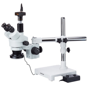 3.5X-45X Boom Stand Trinocular Zoom Stereo Microscope with 144-LED Ring Light and 5MP Camera