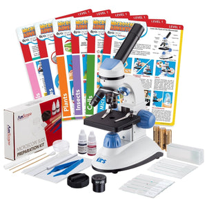 IQCrew by AmScope 40X-1000X Dual Illumination Microscope (Blue) with Slide Prep Kit and Experiment Cards