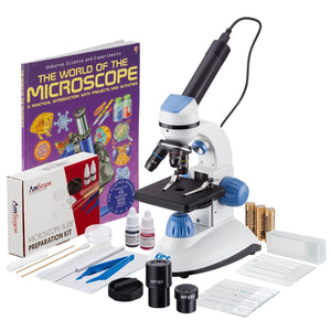 IQCrew by AmScope 40X-1000X Dual Illumination Microscope (Blue) with 5MP Digital Eyepiece, Slide Prep Kit and Book